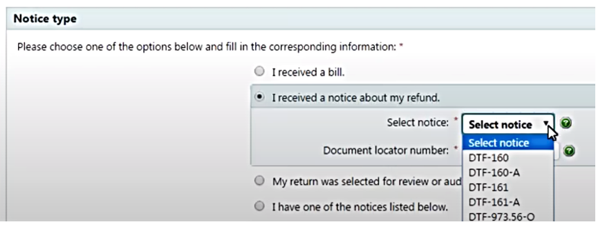 Notice type page section has a drop-down list labeled Select notice. Available notice types are listed there, so that one notice can be selected.