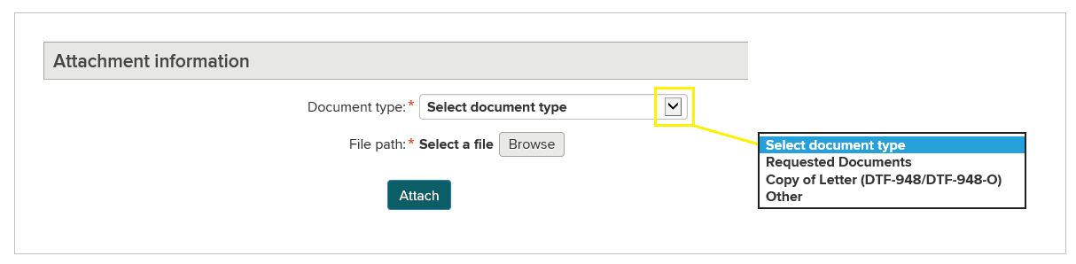 В разделе Attachment Information (Сведения о вложении) в поле Document type (Тип документа) отображается раскрывающийся список с тремя пунктами: «Requested Documents» (Запрошенные документы), «Copy of Letter (DTF-948/DTF-948.0)» (Копия письма (DTF-948/DTF-948.0)) и Other (Другое).]