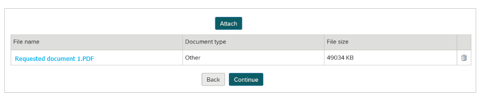 Le document joint apparaît avec son type et sa taille. Exemple montré : document nommé Requested document 1 (Document demandé 1) a été téléchargé avec le type de document « Other » (Autre) et la taille de fichier de 49034KB.