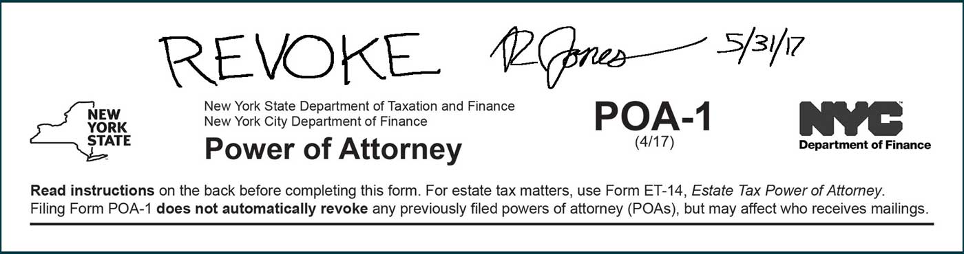 revoke written across the top of form poa-1. signature and date written across the top of form poa-1